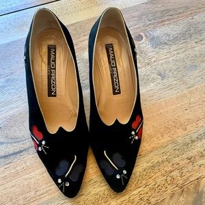 Vintage Maude Frizon Paris Black Suede Point Toe with Butterfly and Gold Trim.